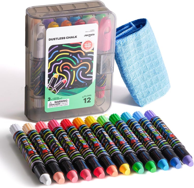 JARMELO Dustless Chalk for Kids, 12 PCS Sidewalk Chalk Set with Holder, Washable and Non-Toxic, Colored Chalk for Chalkboard, Easy Grip Jumbo for Sidewalk Drawing, Blackboard, Outdoor Art Play 3+ - Image 1